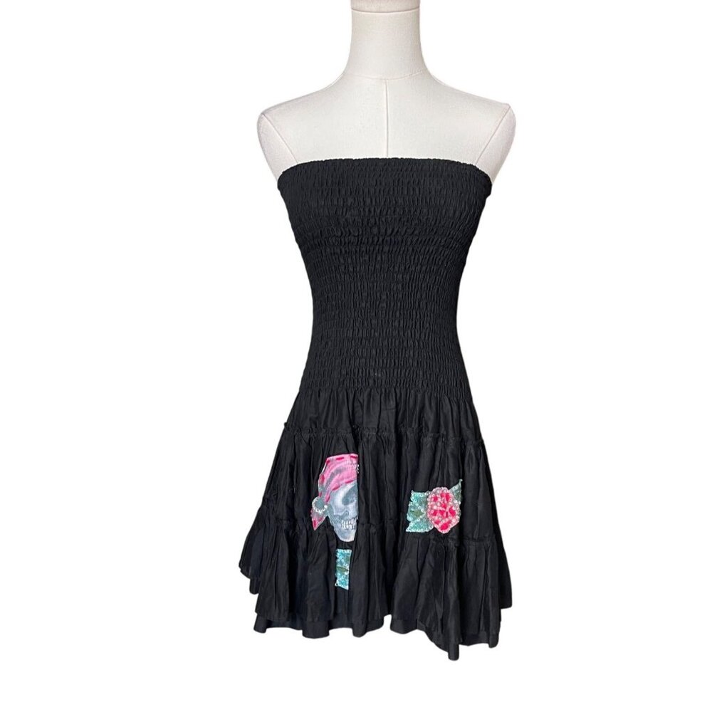 Boutique Strapless Smocked Mini Dress Sz S Skull Pirate Cosplay Fairy Grunge